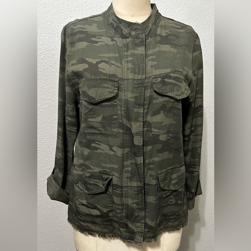 SANCTUARY | Anthropologie Camo Fray Hem Utility Jacket. Sz L.